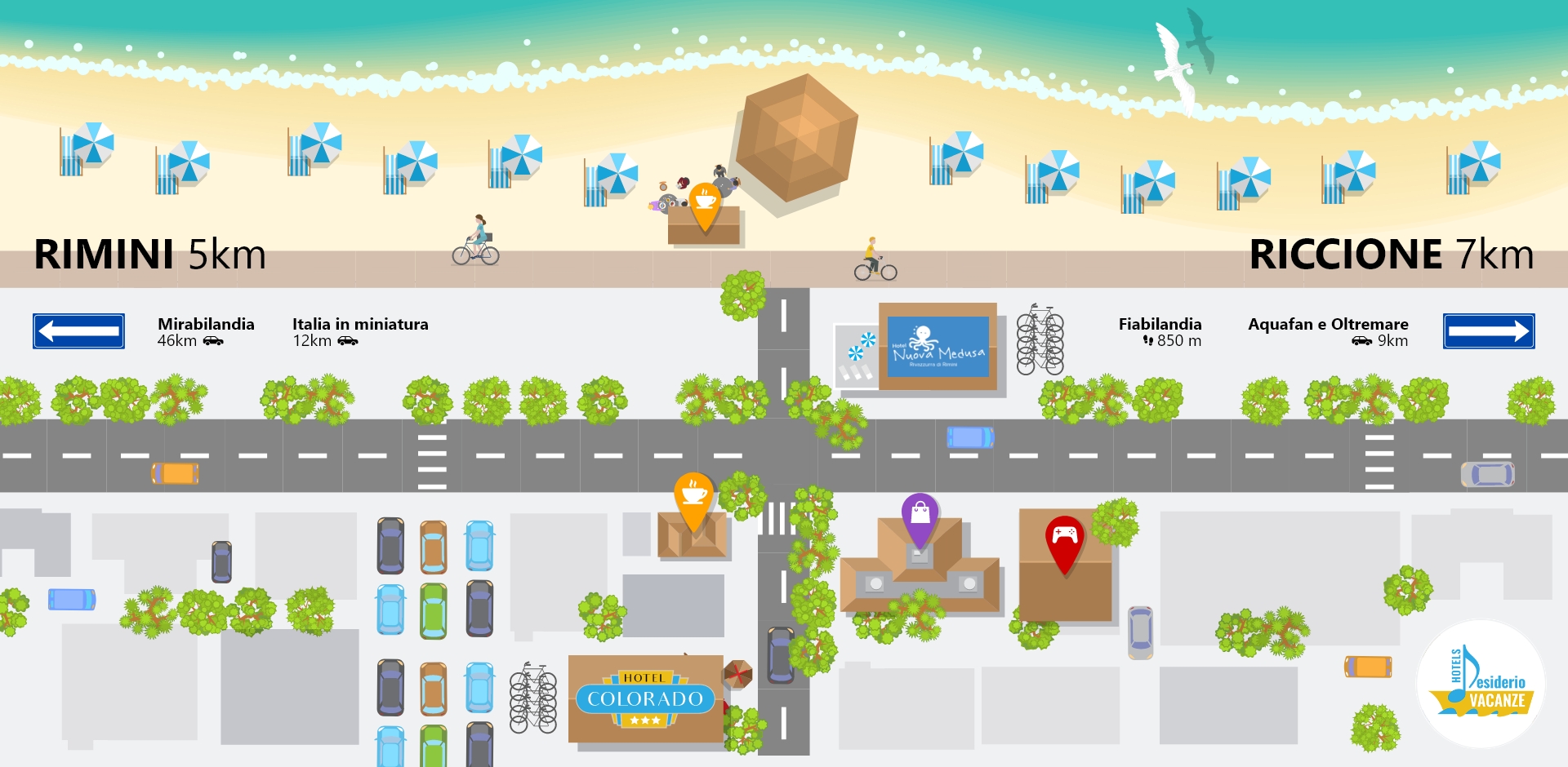 Mappa turistica tra Rimini e Riccione con attrazioni e hotel.