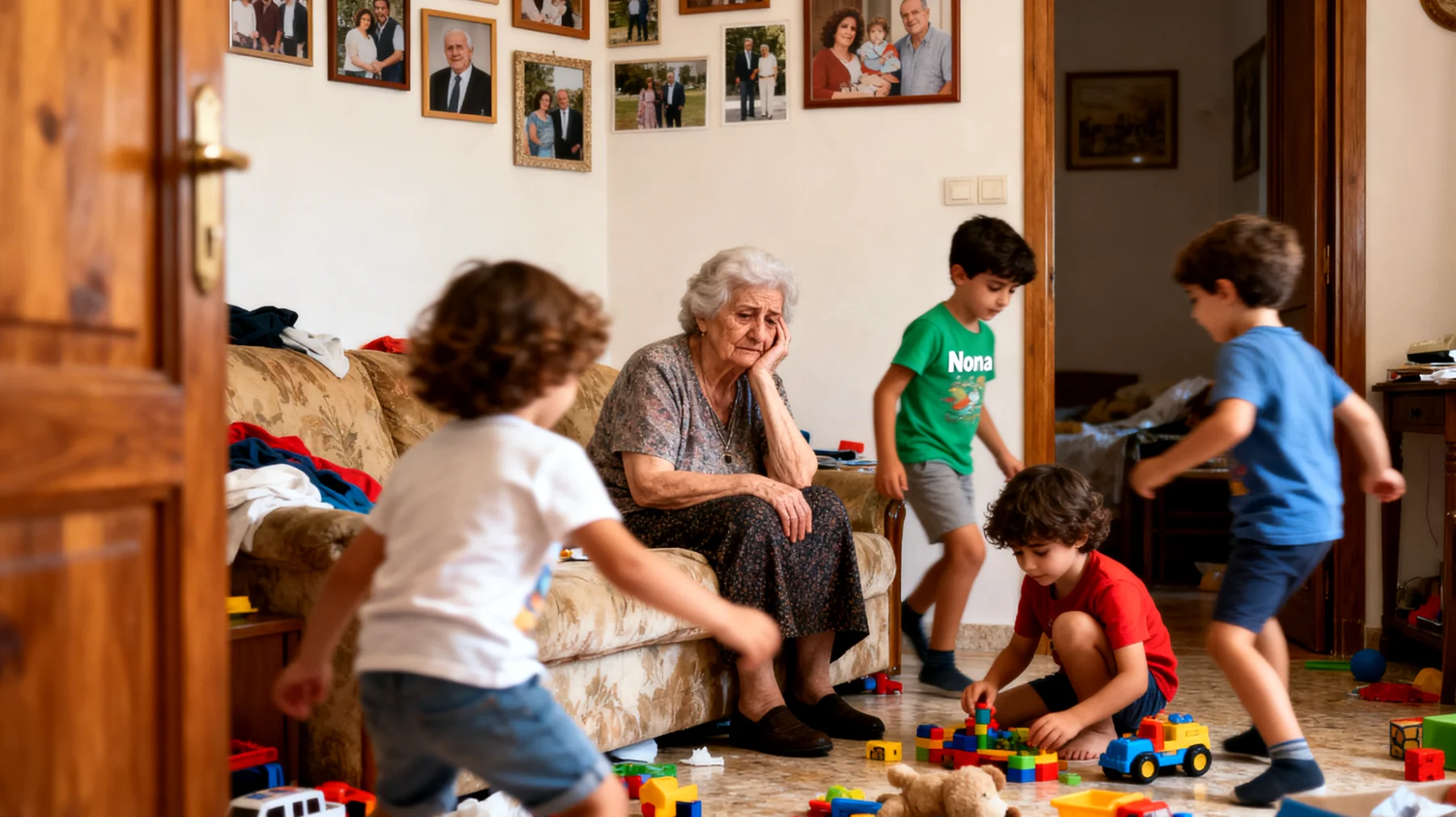La nonna si sente fisicamente e mentalmente esausta nel prendersi cura dei nipoti bambini, con poco tempo per sé stessa e difficoltà nel gestire le loro energie senza il giusto supporto"