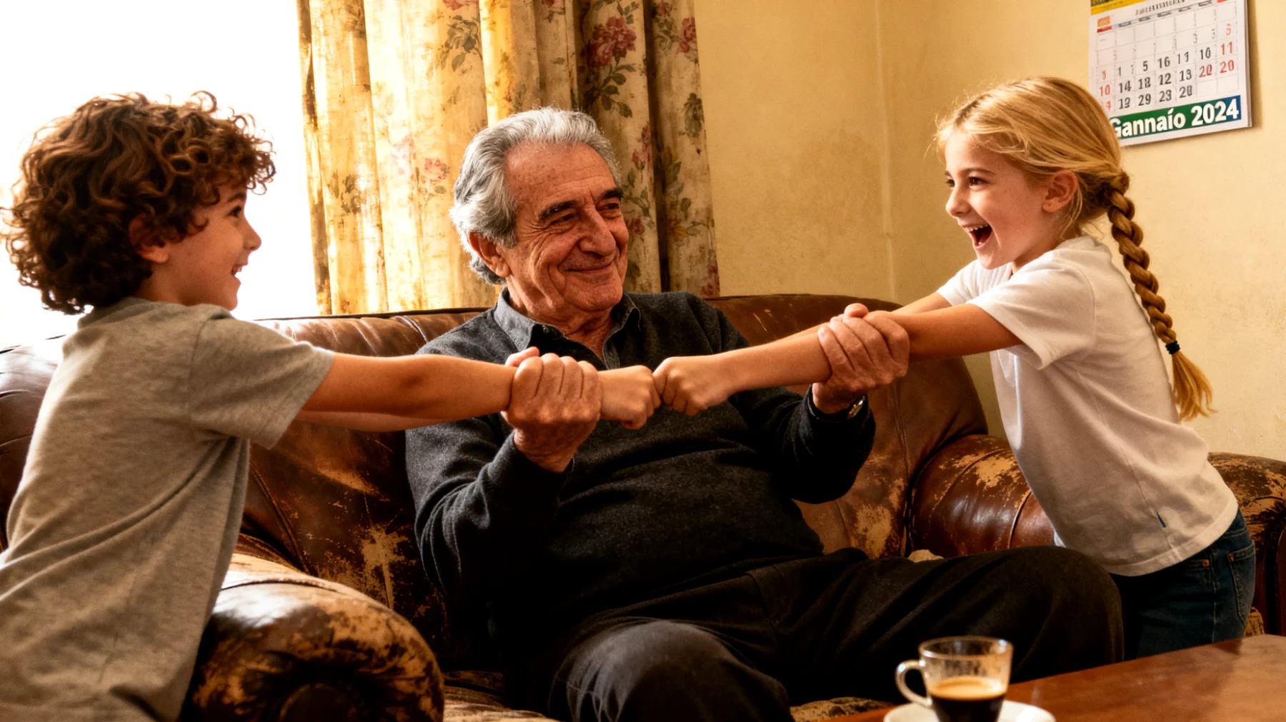 Il nonno si trova a gestire la gelosia e la rivalità tra nipoti bambini durante le visite familiari, con conseguenti litigi per attirare la sua attenzione e ottenere privilegi esclusivi"