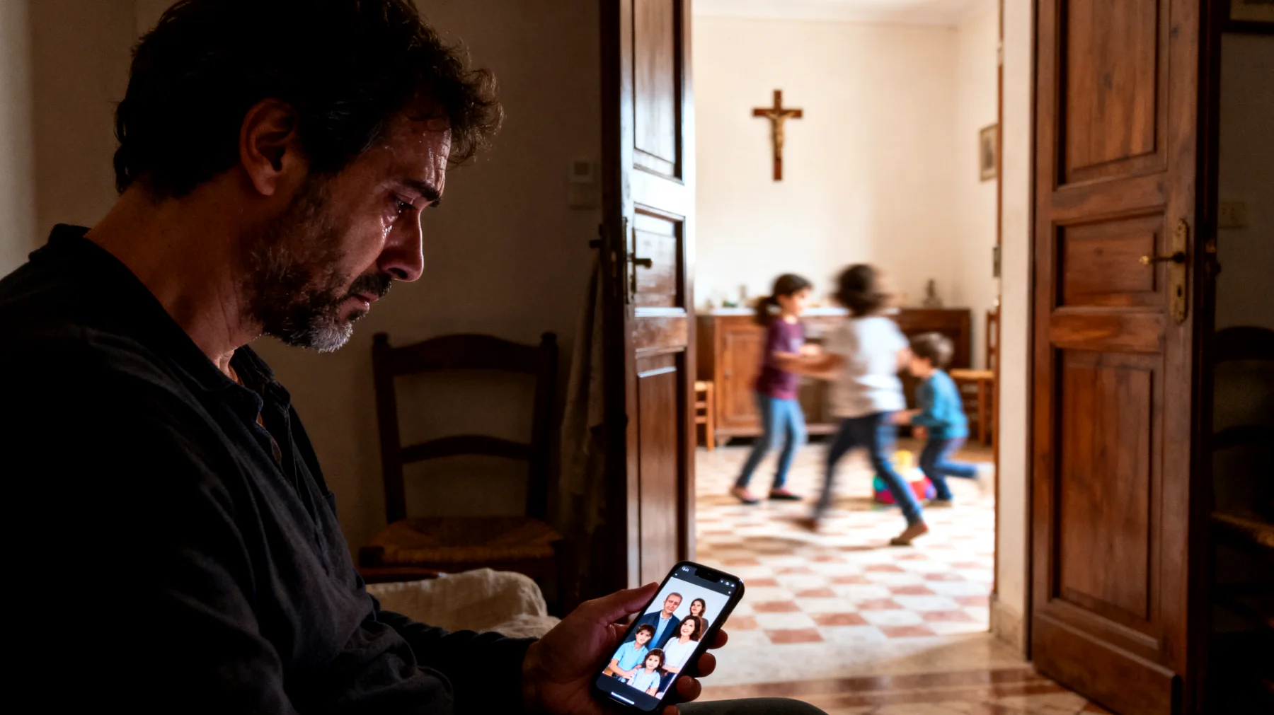 Papà che prova sensi di colpa per non essere abbastanza presente nella vita quotidiana dei propri bambini a causa degli impegni lavorativi e che si sente inadeguato nel ruolo genitoriale"